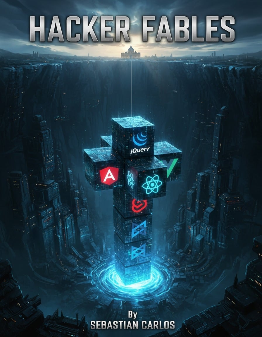 Hacker Fables book cover. It depicts a hypercubical cross
covered in logos of JavaScript frameworks, on a cave under St Peter’s
basilica.